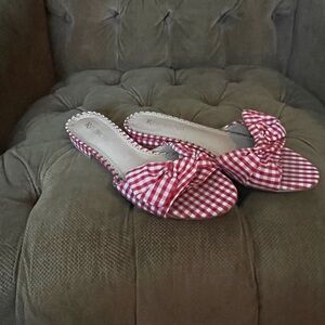 Red Gingham Plaid Slide Sandals with Bow size 9